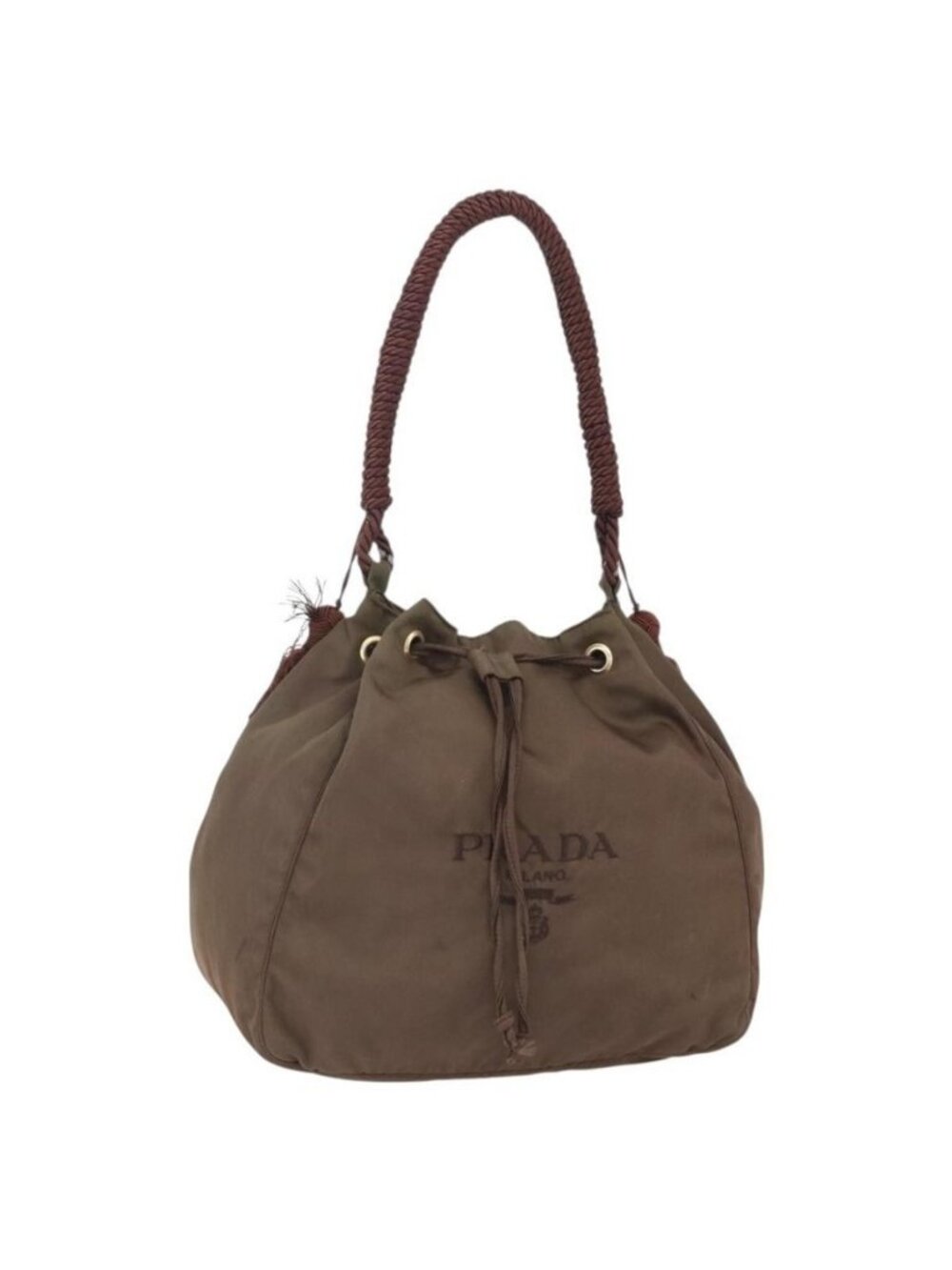 Authentic PRADA Tassel Shoulder Bag Nylon Khaki Gold